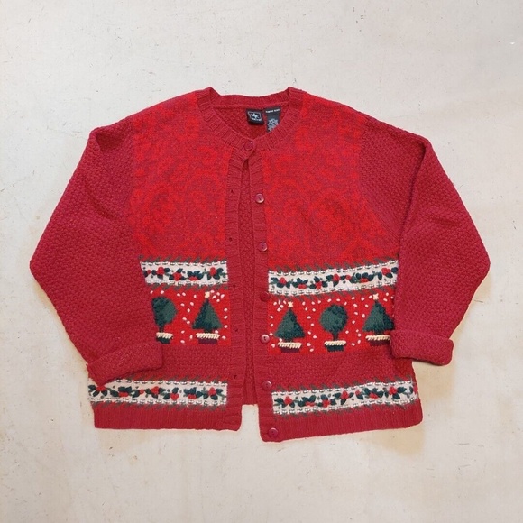 SKYR Wool Cardigan Sweater Winter Trees Christmas Trees Xmas sz Xl Hand Knit - Picture 1 of 13